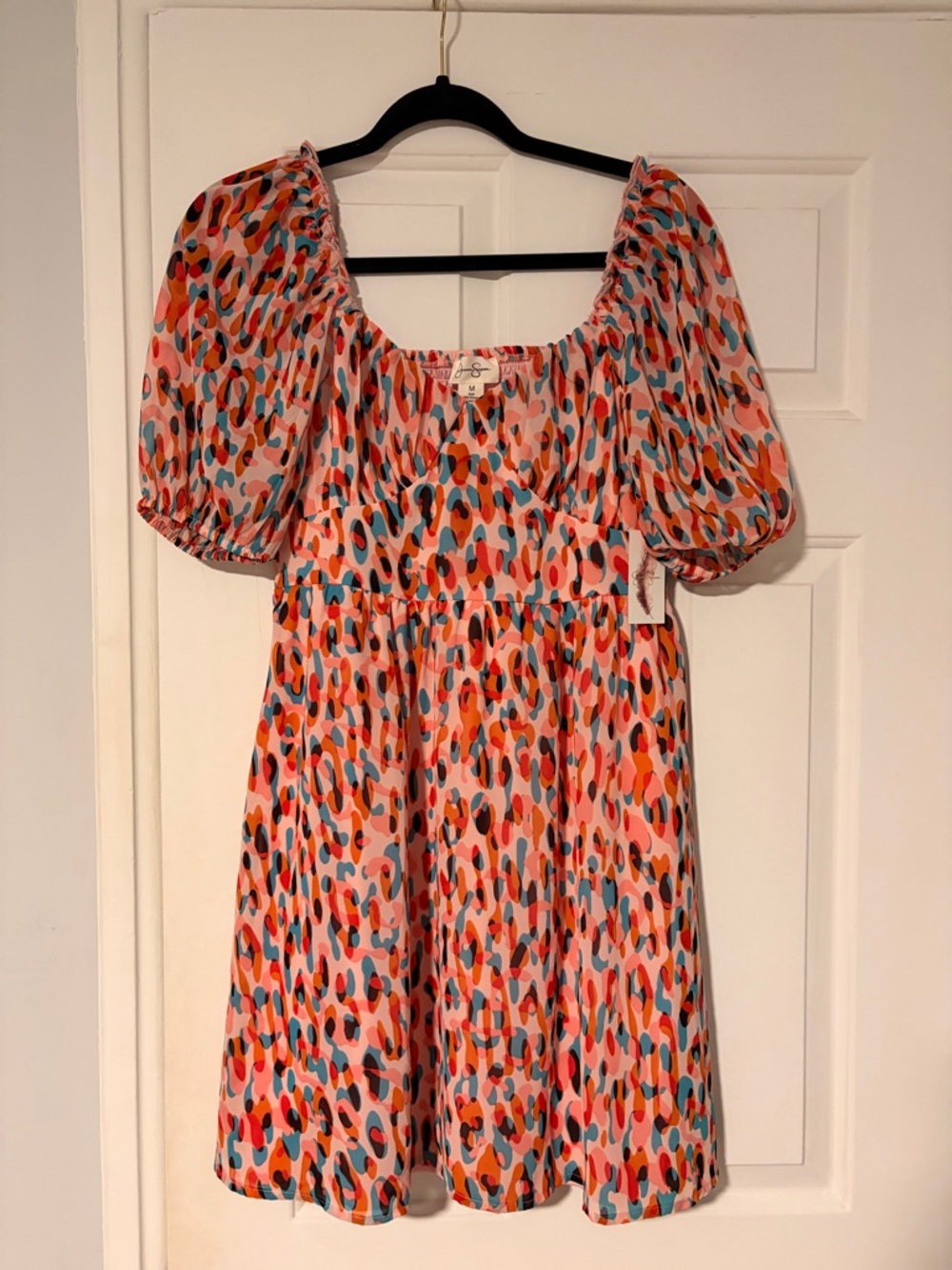 Jessica Simpson Pink Multicolor Abstract Puff-Sleeve Mini Dress